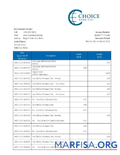 Downloadable Belize Choice bank statement word sample